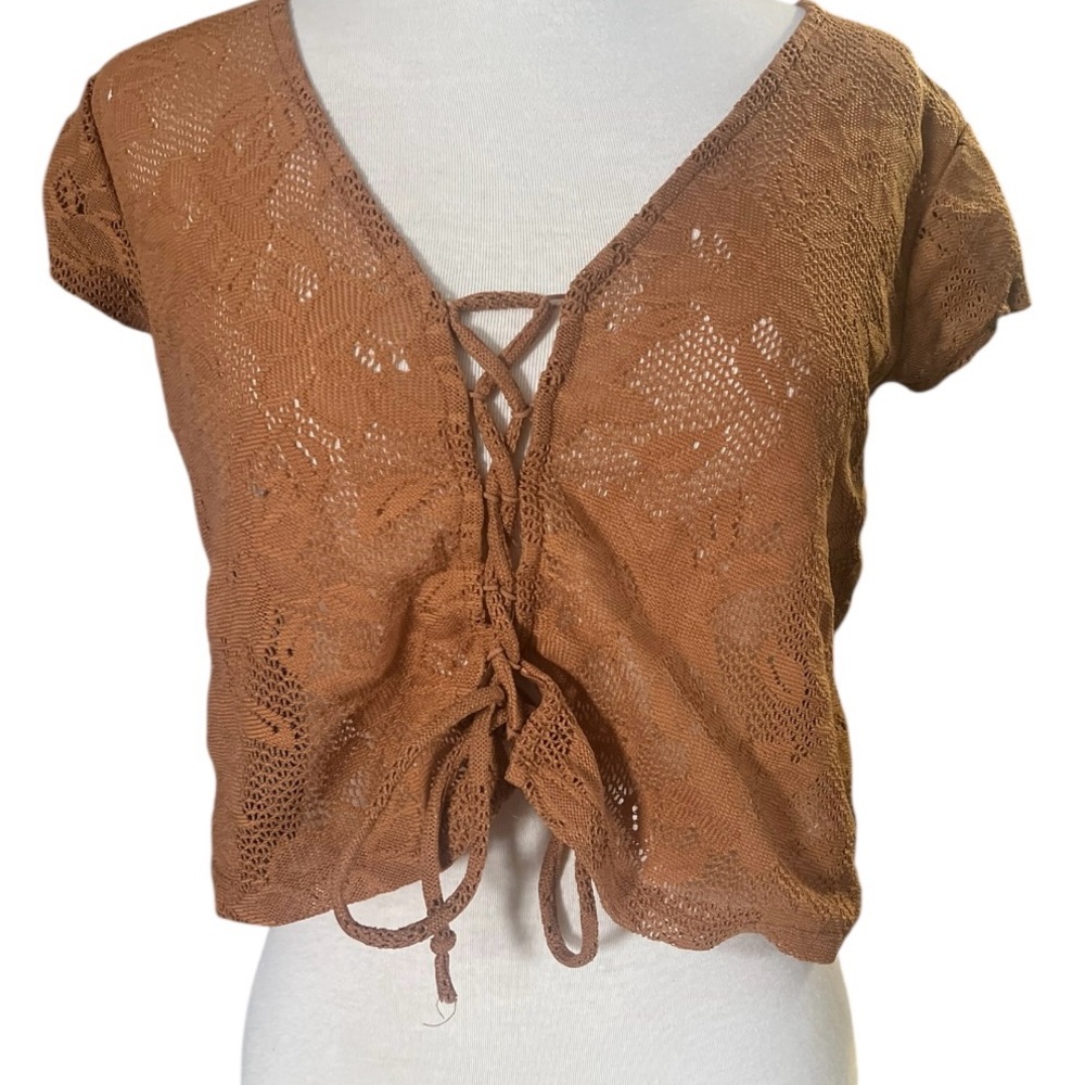Forever 21 Lace-Up Tan Crochet Crop Top